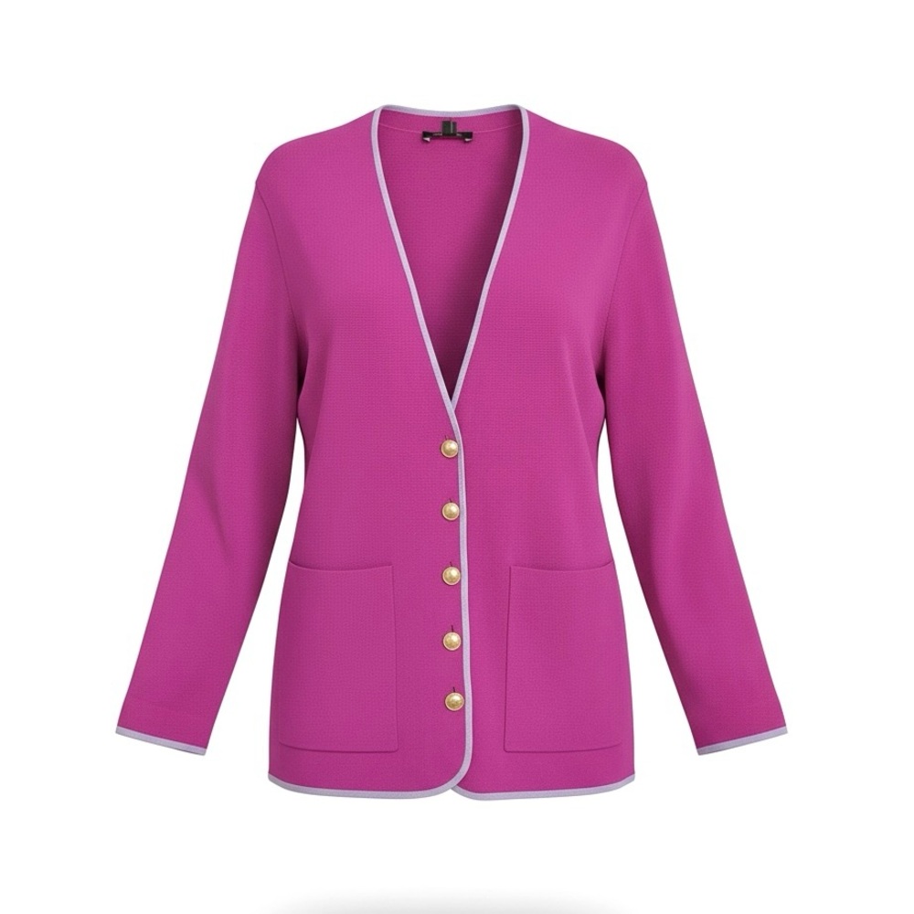 ANN TAYLOR Knit Blazer Contrast Trim Gold Buttons Patch Pockets Tipped V- Neck